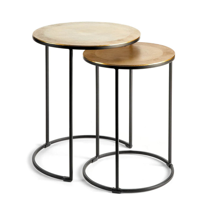 Set of two urban organic nesting side tables with bronze tops and black iron bases, front product view.
