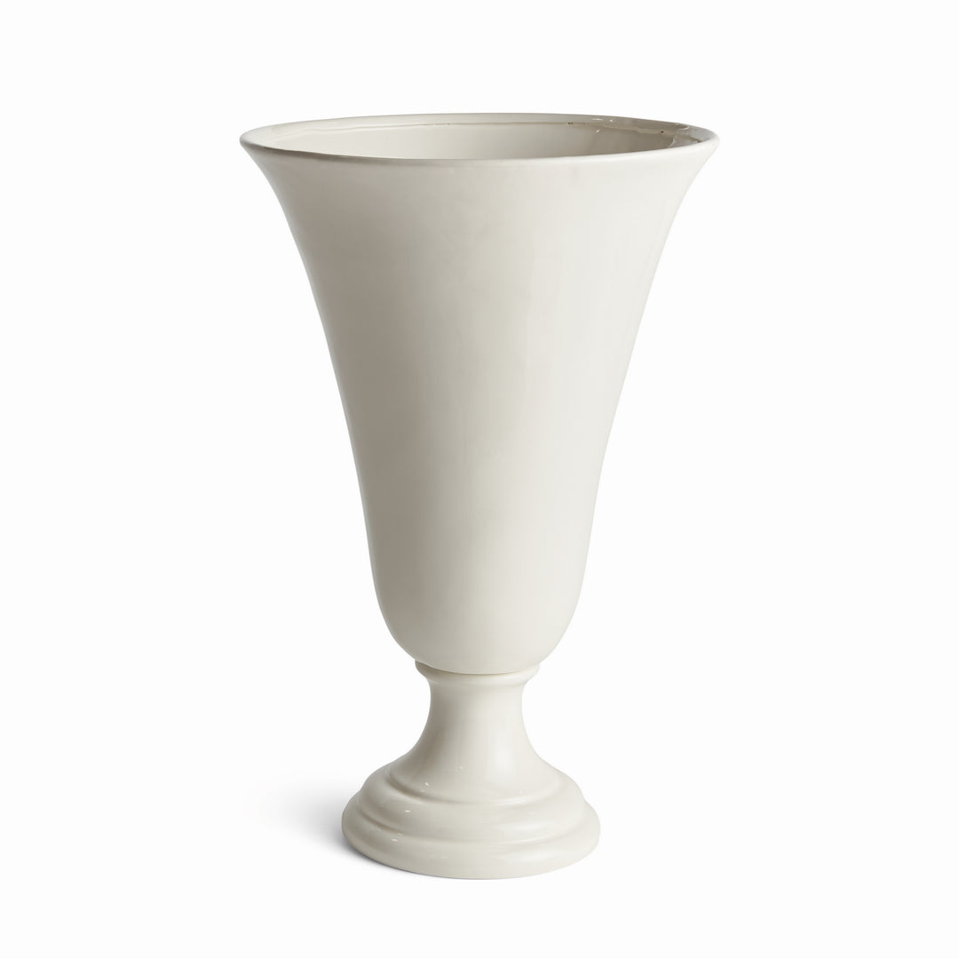 Tall white clay trumpet vase with a wide flared opening and circular pedestal base, shown on a white background | Traditional