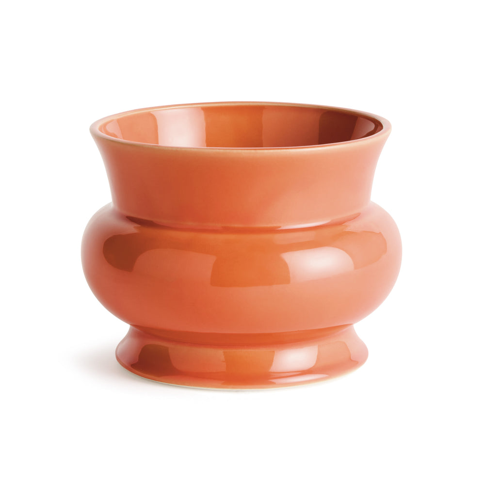 Orange ceramic cachepot with a glossy reactive glaze, rounded English-inspired silhouette, and drain hole for indoor plants – English Country