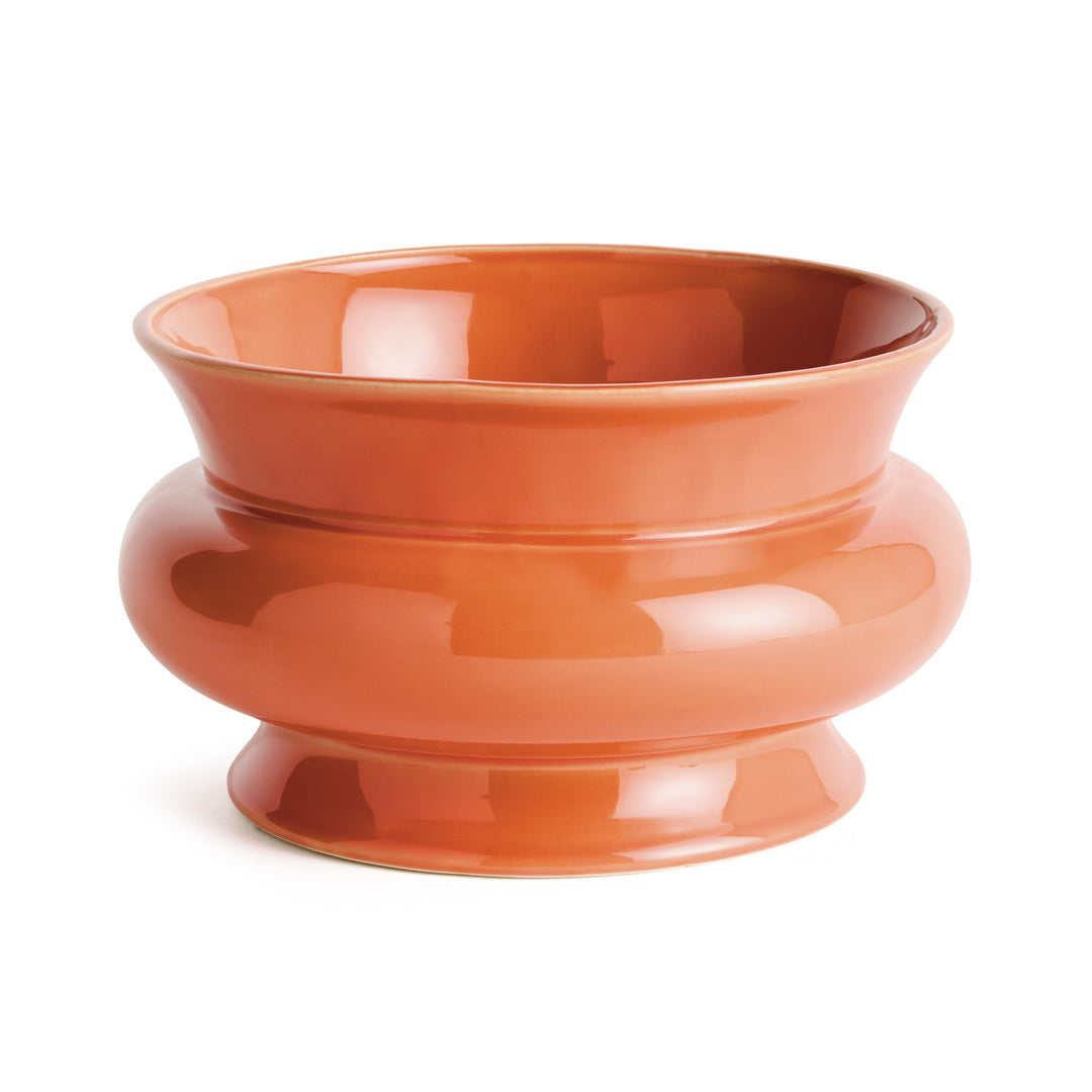 Orange wide ceramic cachepot with a glossy reactive glaze, broad rounded silhouette, and drain hole for indoor plants – English Country