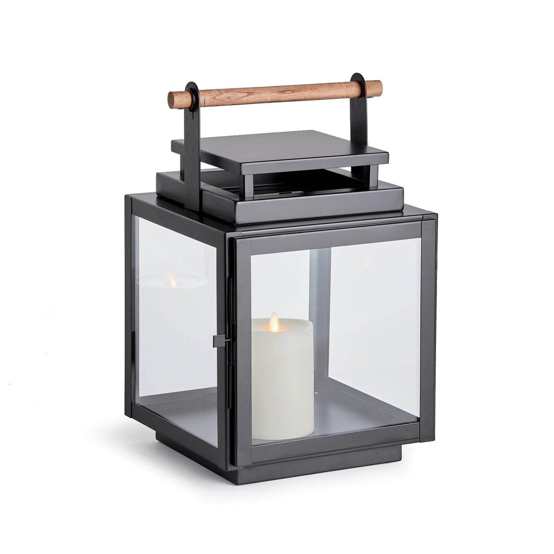 Medium black outdoor lantern with teak handle and glass panels – modern farmhouse style