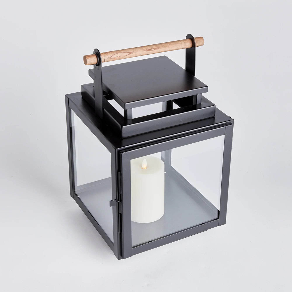 Square black outdoor lantern medium size with teak wood handle and glass panes