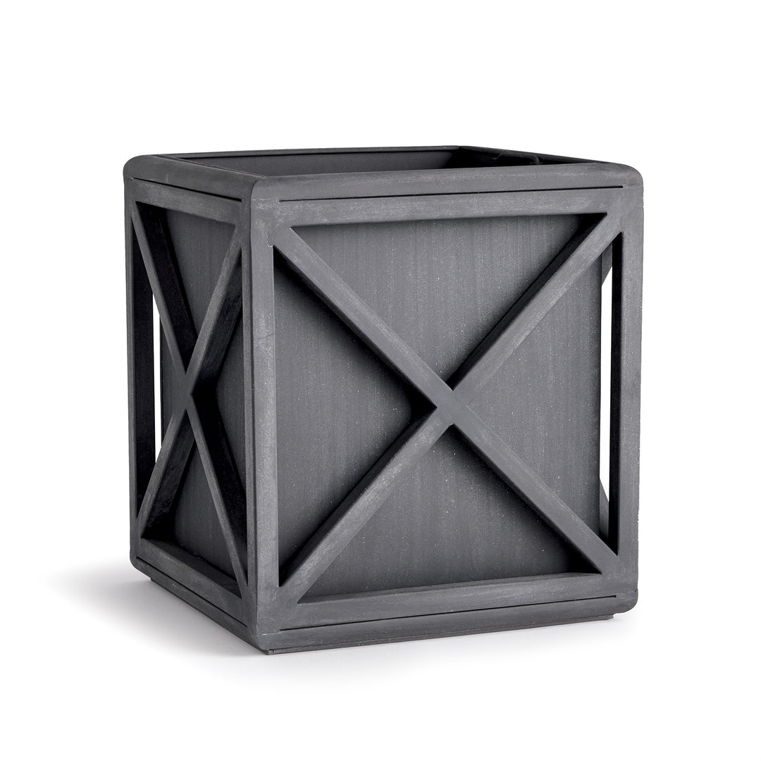 Outdoor metal planter with aged zinc finish and X-frame iron detailing for patios and entryways – Modern Farmhouse planter