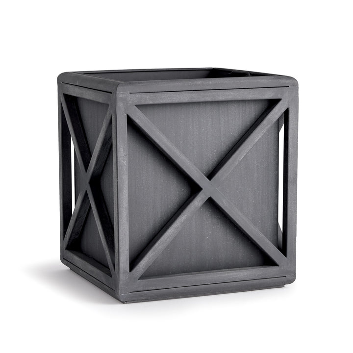 Outdoor metal planter with aged zinc finish and X-frame iron detailing for patios and entryways – Modern Farmhouse planter
