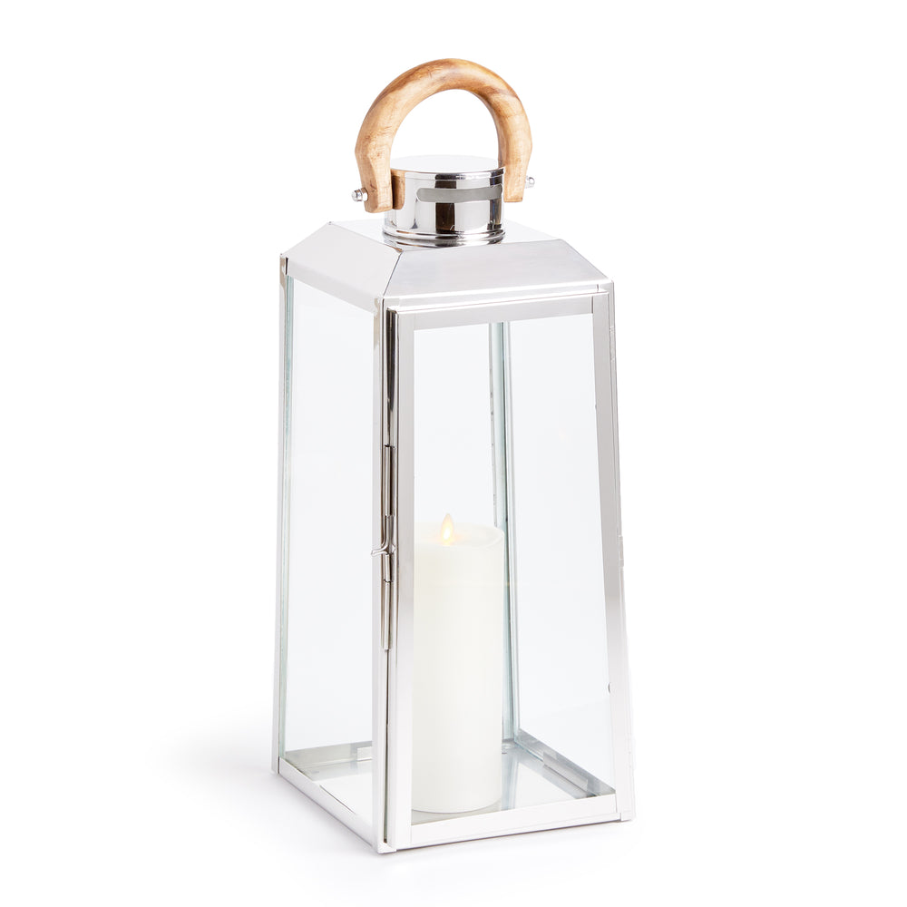 Large outdoor stainless steel lantern with clear glass panels and teak wood handle on white background coastal lantern