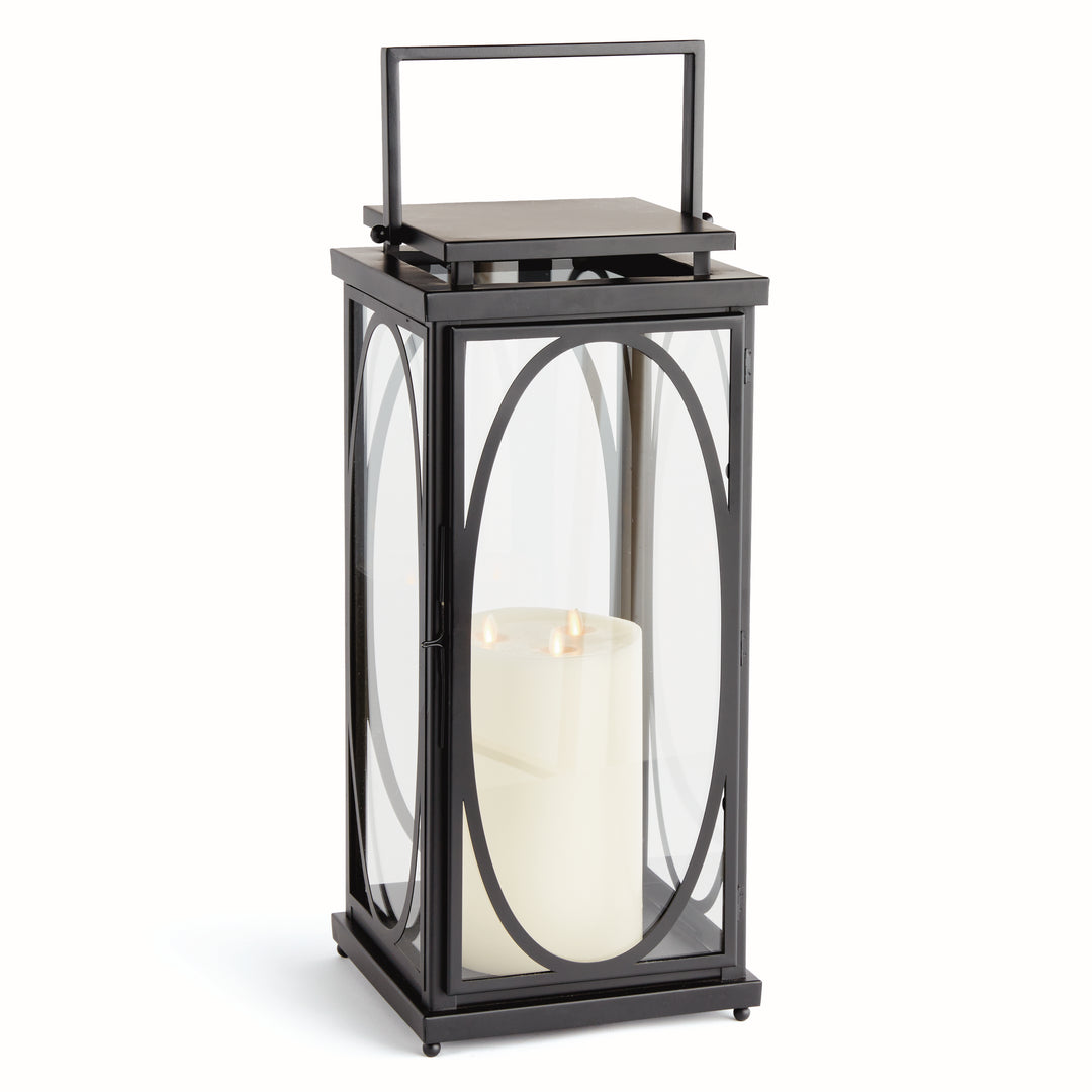 Large black oval frame candle lantern with glass construction and tailored transitional styling for indoor décor lantern