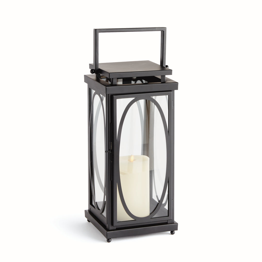 Black oval frame candle lantern with glass panels and modern architectural silhouette for transitional indoor décor lantern