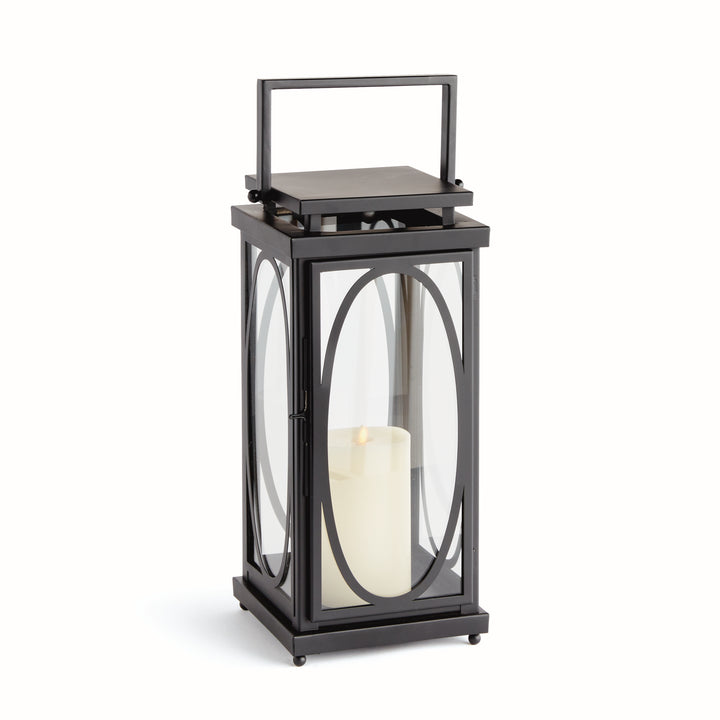 Black oval frame candle lantern with glass panels and modern architectural silhouette for transitional indoor décor lantern