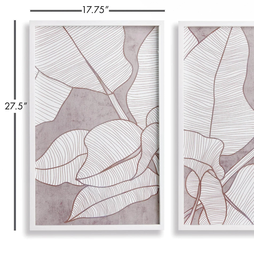 Close-up of palm leaf print with overlay dimensions 17.75" W by 27.5" H, framed in white – Modern Coastal

