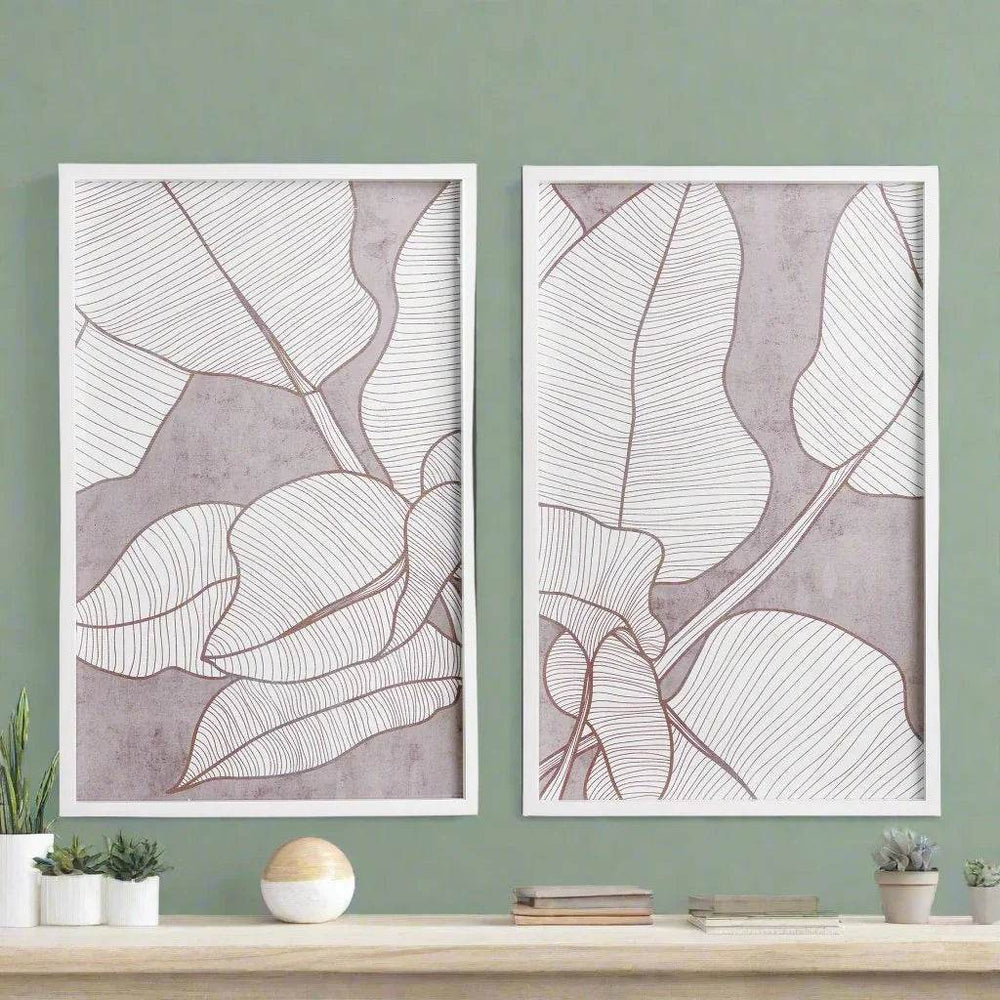Palm leaf prints styled on green wall with minimalist shelf and ceramic accents, framed in white – Modern Coastal

