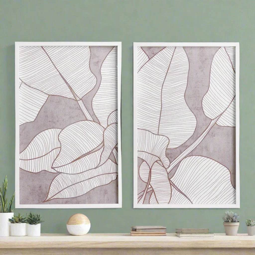 Palm leaf prints styled on green wall with minimalist shelf and ceramic accents, framed in white – Modern Coastal

