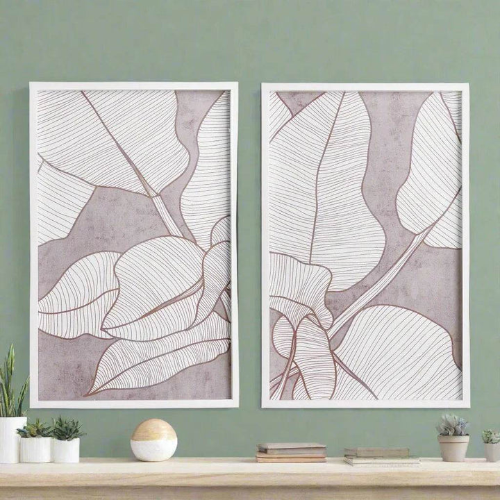 Palm leaf prints styled on green wall with minimalist shelf and ceramic accents, framed in white – Modern Coastal


