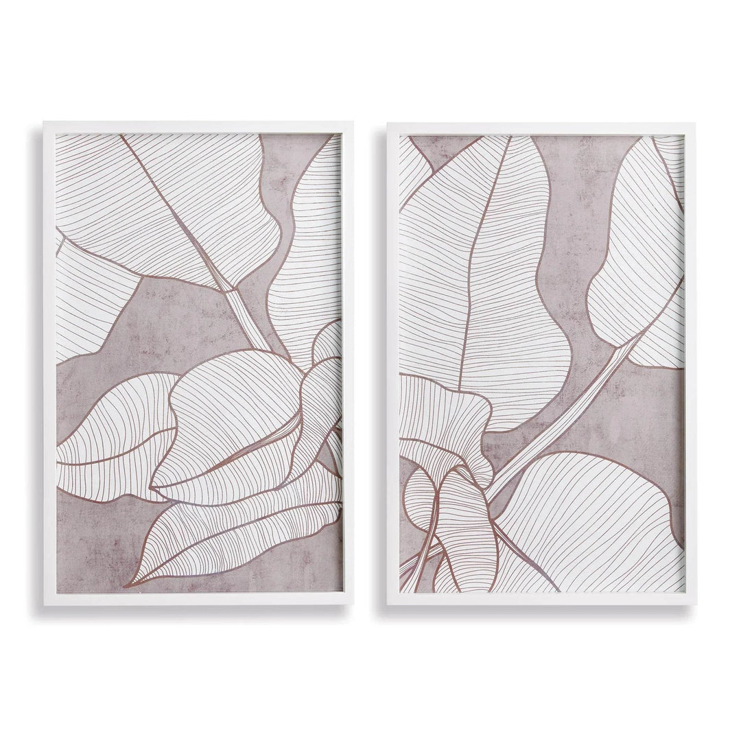 Set of two framed palm leaf prints in white line art over taupe background, shown side by side against white – Modern Coastal

