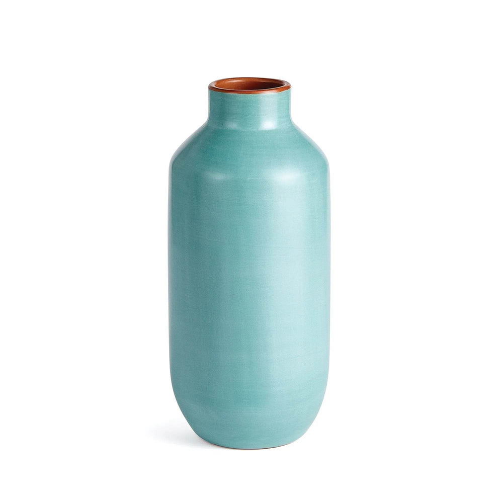 Pastel blue ceramic bottle vase, 15 inches tall, modern organic decor accent for console tables and shelves

