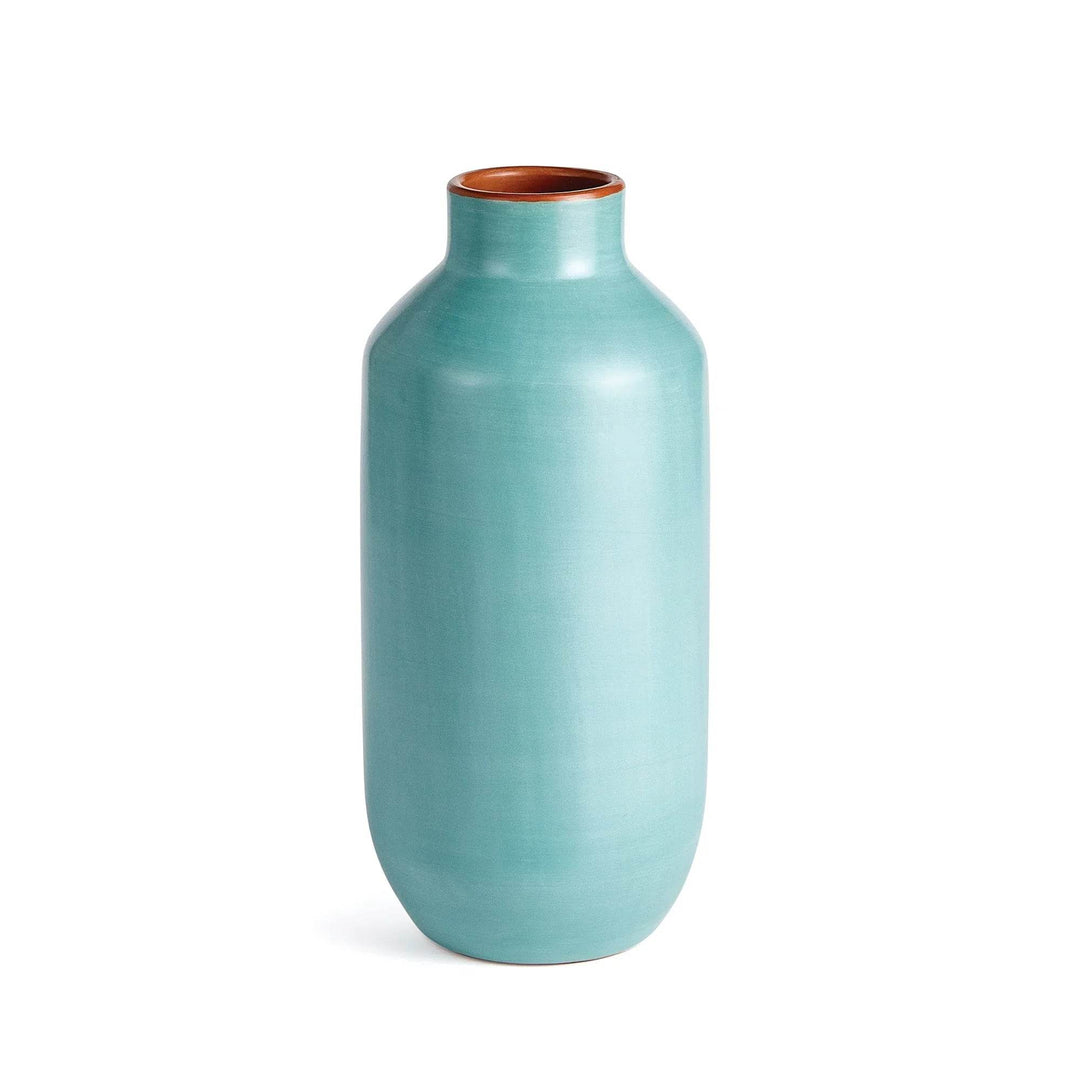 Pastel blue ceramic bottle vase, 15 inches tall, modern organic decor accent for console tables and shelves

