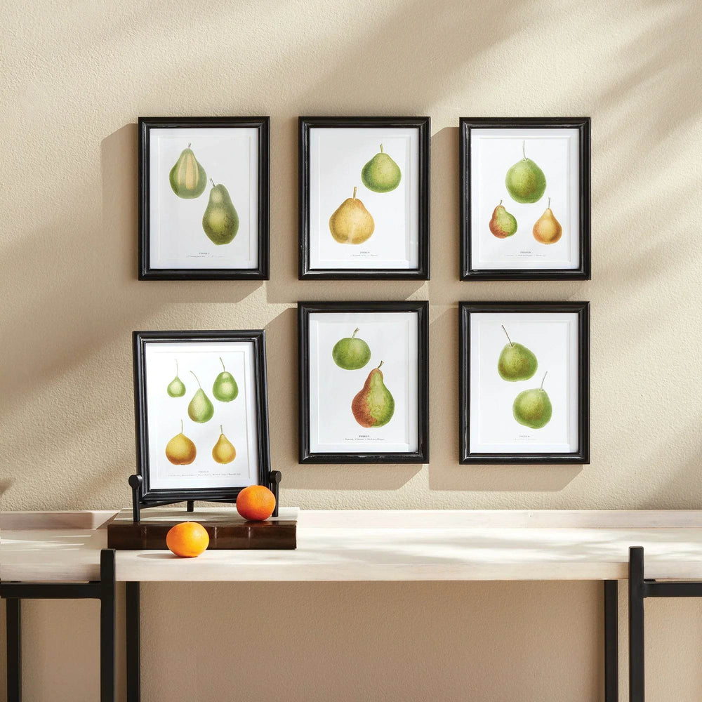 Framed pear print set styled as gallery wall above console with tray and fruit – Vintage Botanical.