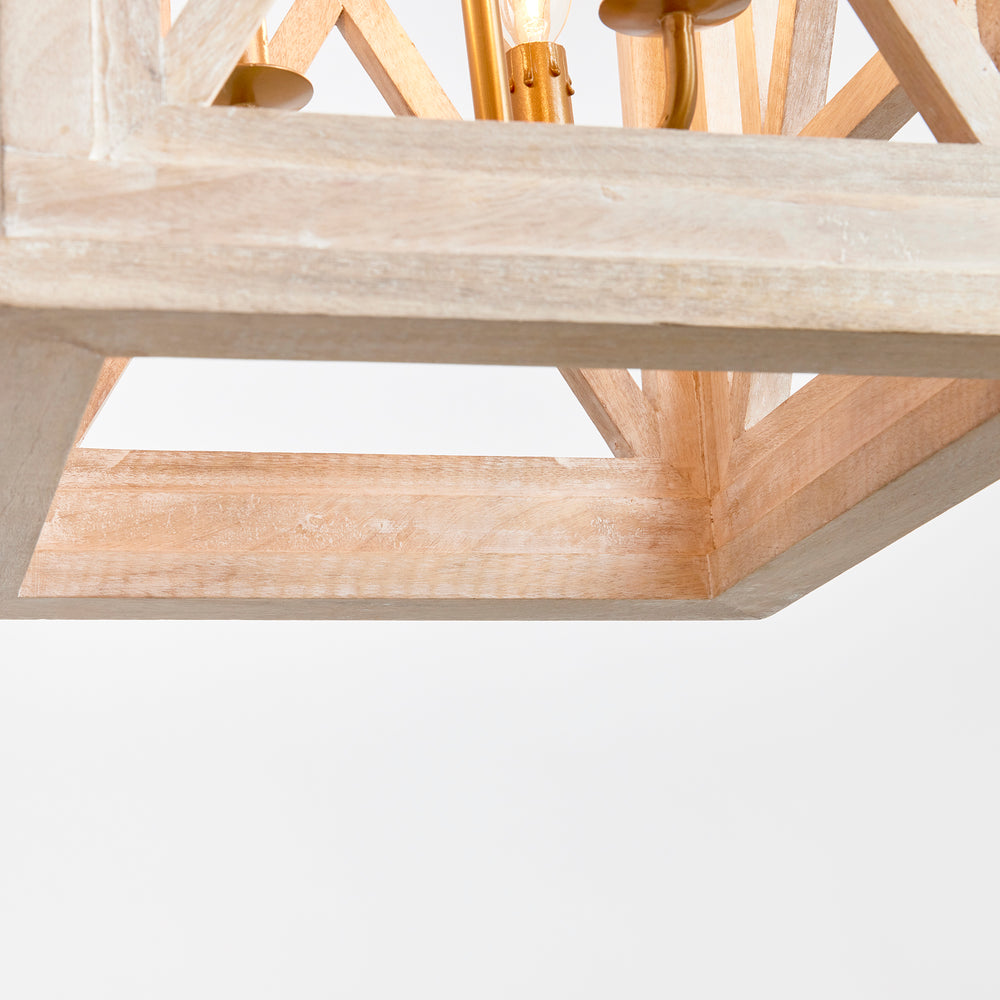 Underside angle of pendant light showing whitewashed wood and craftsmanship



