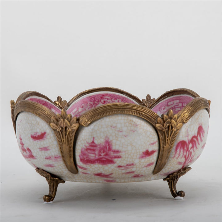 Pink chinoiserie porcelain decorative bowl with bronze ormolu accents and scalloped silhouette – Traditional style
