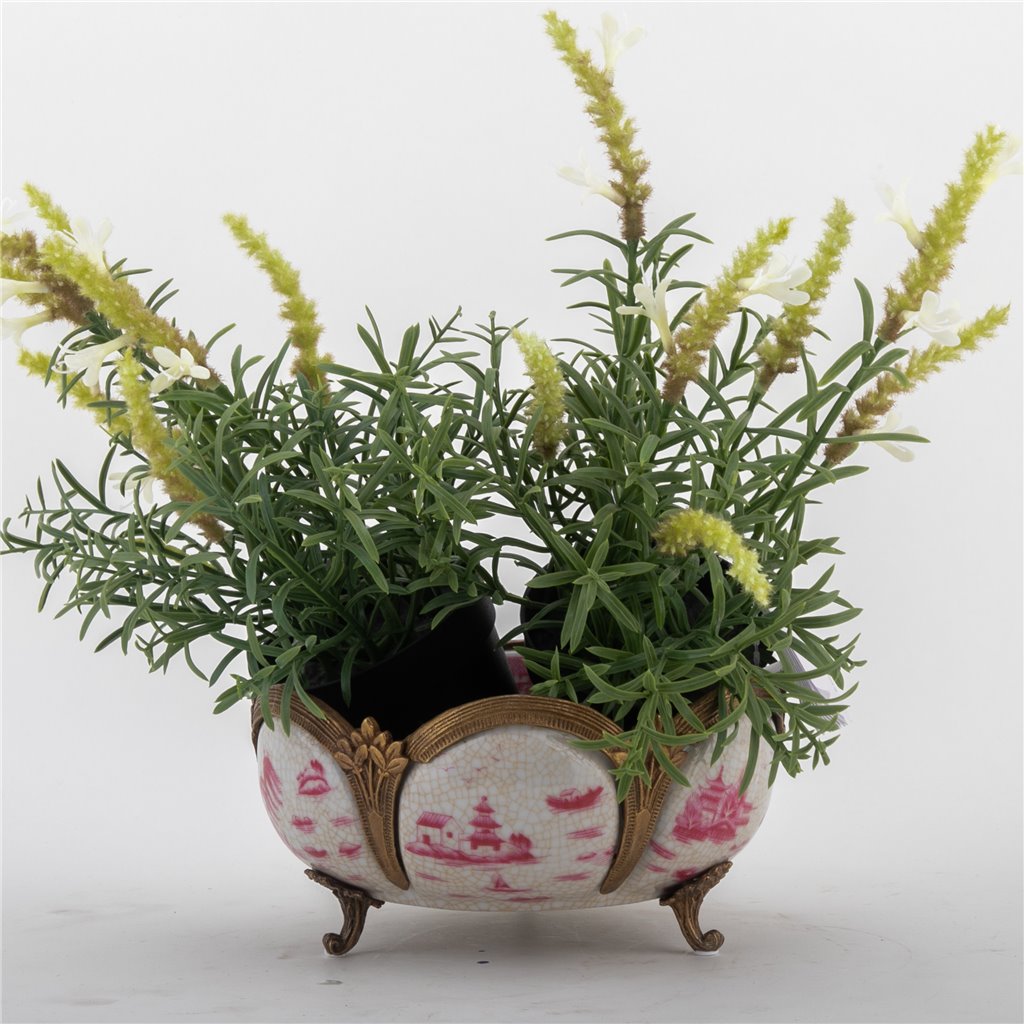 Pink chinoiserie porcelain decorative bowl styled with greenery and bronze ormolu accents – Traditional style