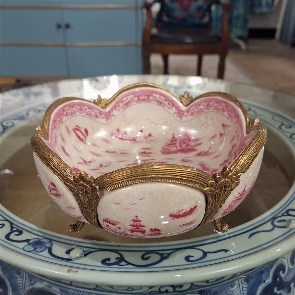 Interior view of pink chinoiserie porcelain decorative bowl with bronze ormolu trim – Traditional style