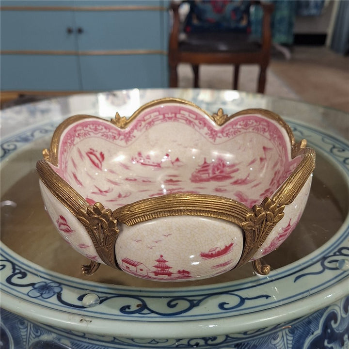 Interior view of pink chinoiserie porcelain decorative bowl with bronze ormolu trim – Traditional style