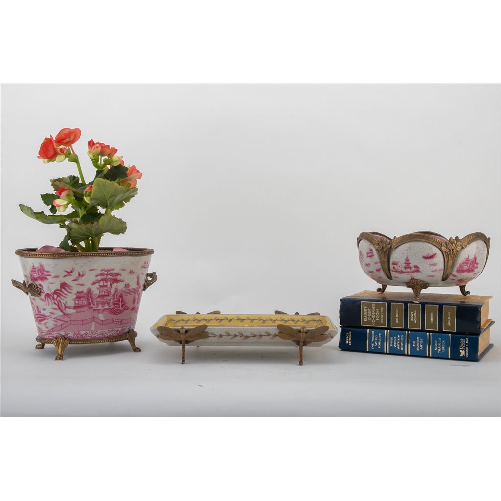 Pink chinoiserie porcelain decorative bowl styled as tabletop accent with floral arrangement – Traditional style