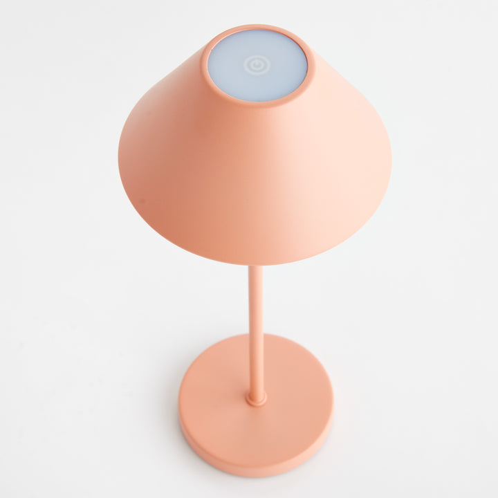 Top view of pink cordless LED table lamp showing touch control surface, metal empire shade, and rechargeable design – Contemporary