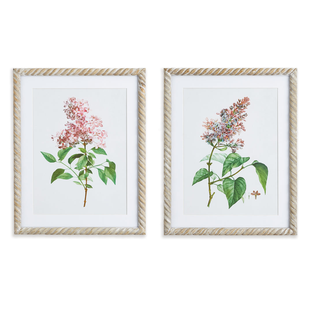 Pair of framed lilac botanical prints with pink flowers and green leaves, shown with mats and textured frames, Traditional