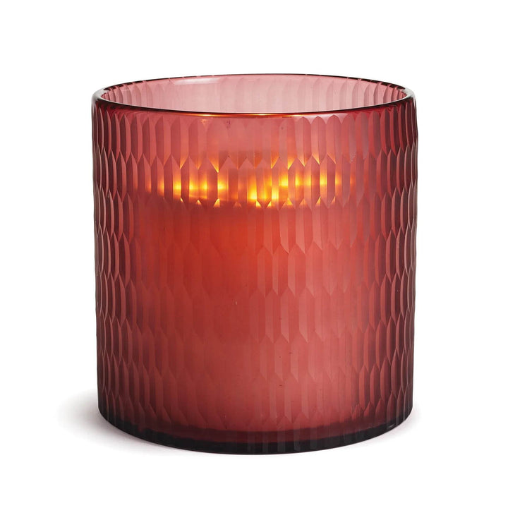 Plum glass hurricane candle holder with etched surface and glowing LED light, made from thick glass for modern glam interiors – Modern Glam.