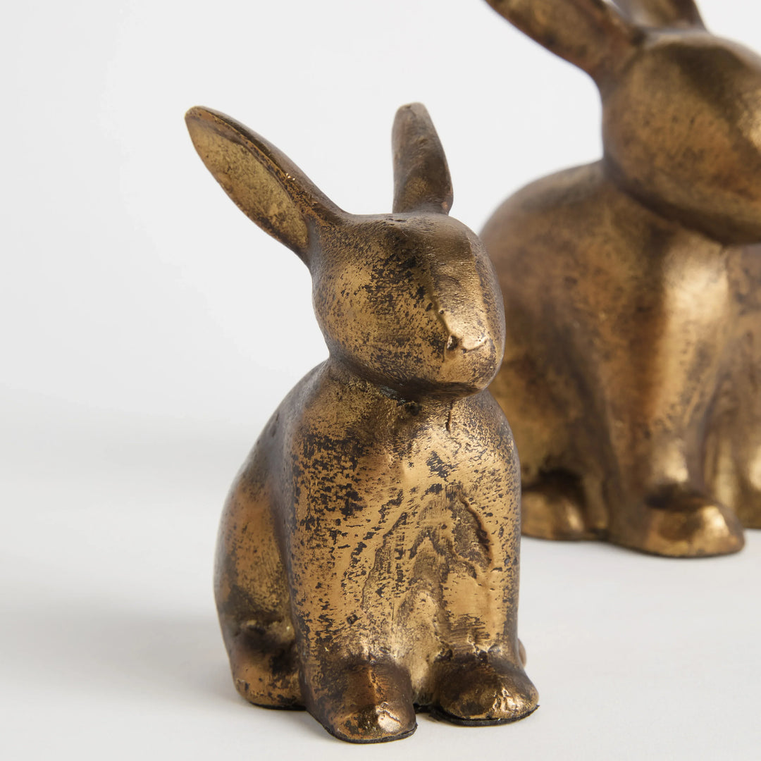 Antique brass finish rabbit sculpture set with front detail showing seated forms and textured metallic surface Traditional Transitional style