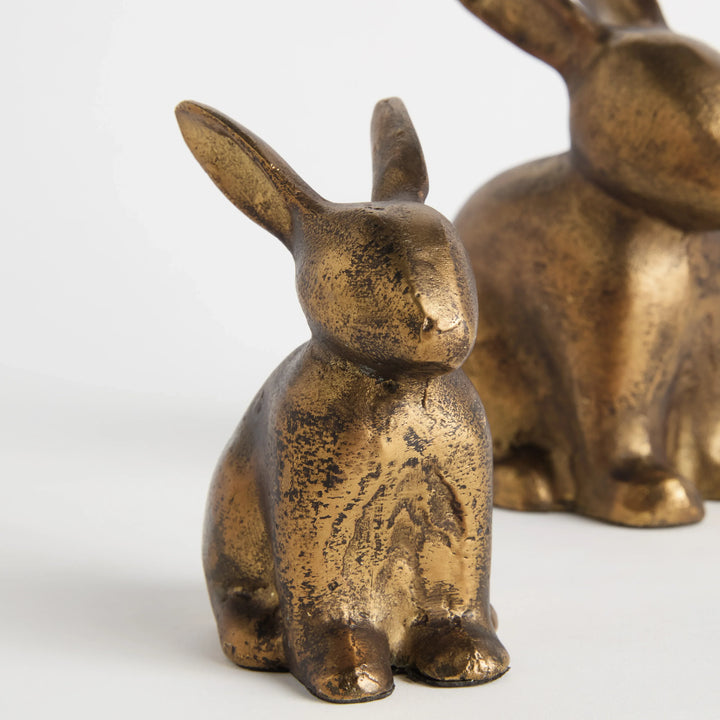 Antique brass finish rabbit sculpture set with front detail showing seated forms and textured metallic surface Traditional Transitional style