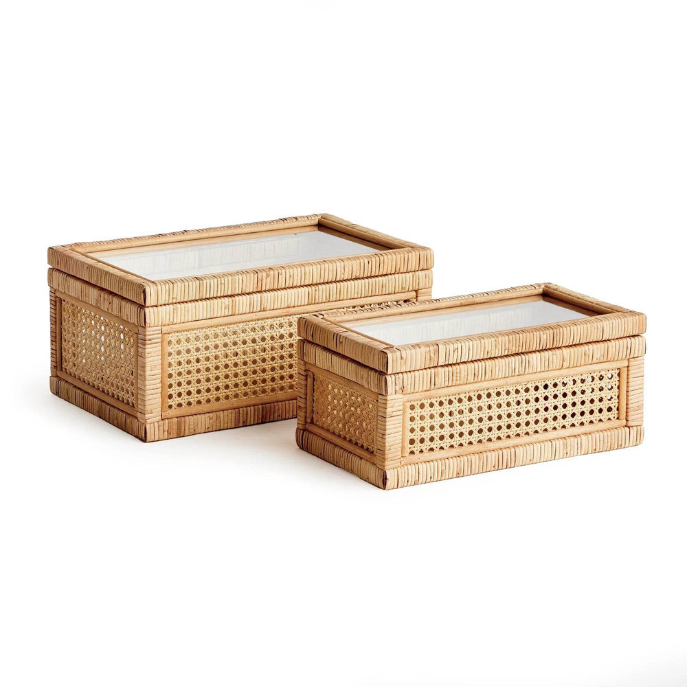 Pair of rectangular rattan display boxes with cane sides and glass lids, shown closed for scale on neutral backdrop – Coastal