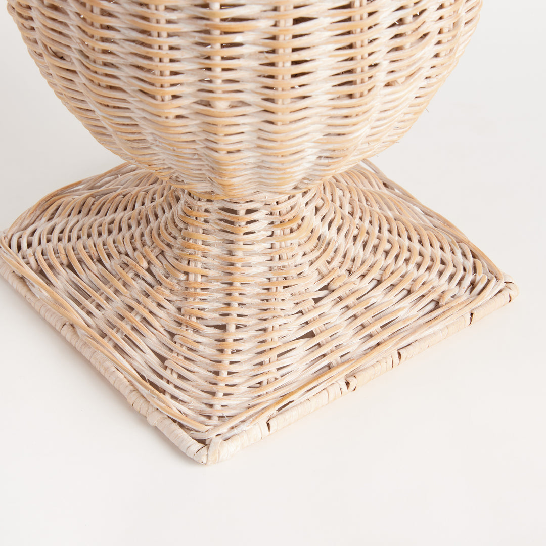 Close-up of the handwoven rattan footed urn pedestal base showcasing artisan weave and natural fiber craftsmanship – Coastal.