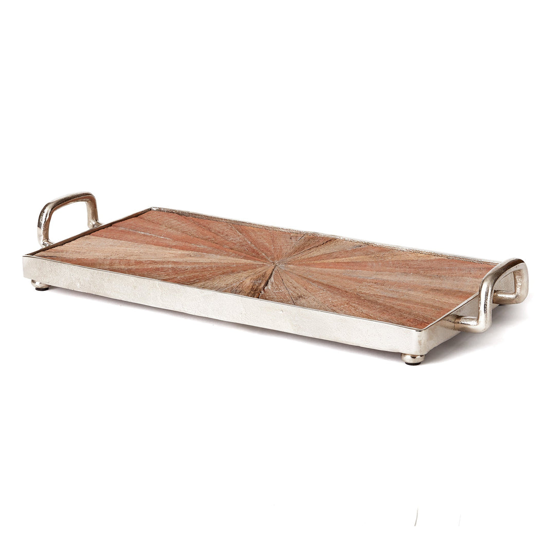 Large rectangular serving tray made of reclaimed wood with radial grain pattern and nickel frame, shown on white background – Modern Rustic

