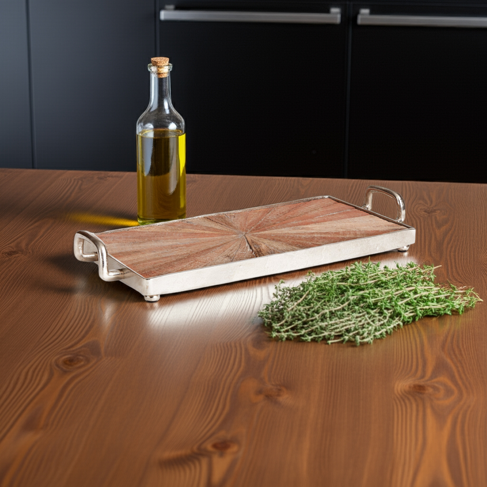 Reclaimed wood tray with nickel frame styled on wood surface beside olive oil bottle and herbs – Modern Rustic


