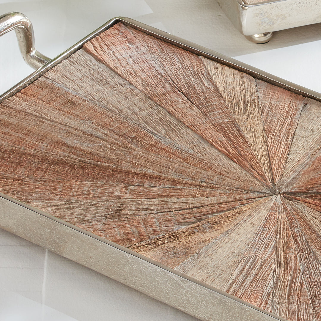 Close-up of reclaimed wood tray showing sunburst grain pattern and warm nickel edge – Modern Rustic

