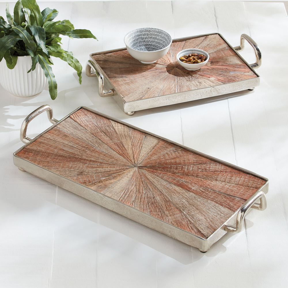 Small wood and metal tray styled beside larger tray on white tabletop with bowls and greenery – Modern Rustic

