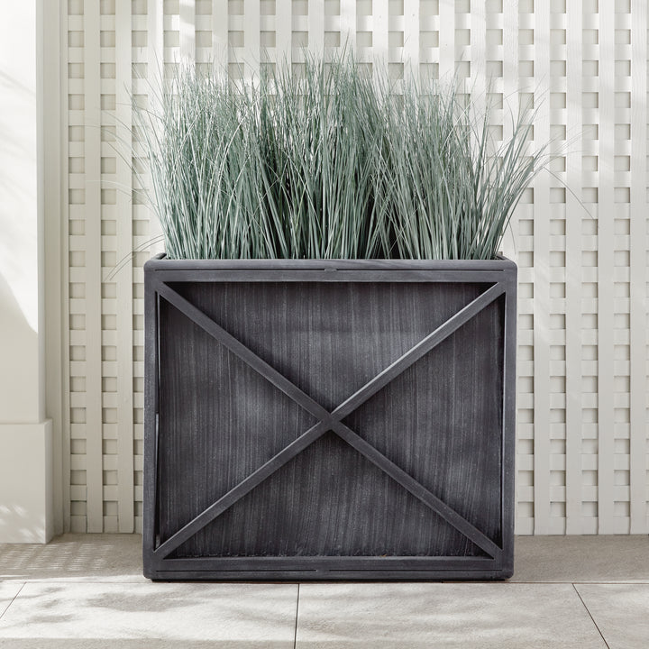 Rectangular outdoor metal planter with aged zinc finish styled with ornamental grass – European Garden planter