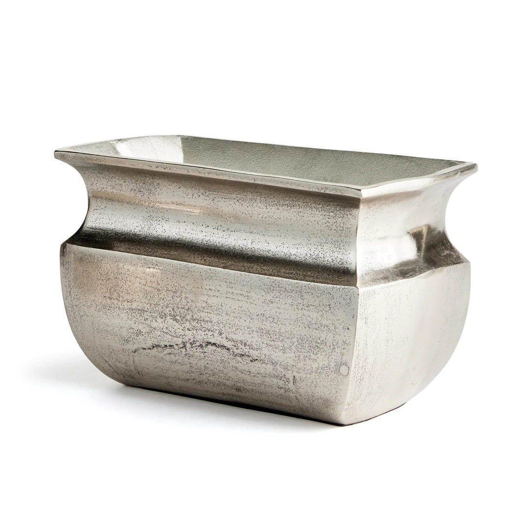 Small rectangular silver aluminum vase with sculptural form

