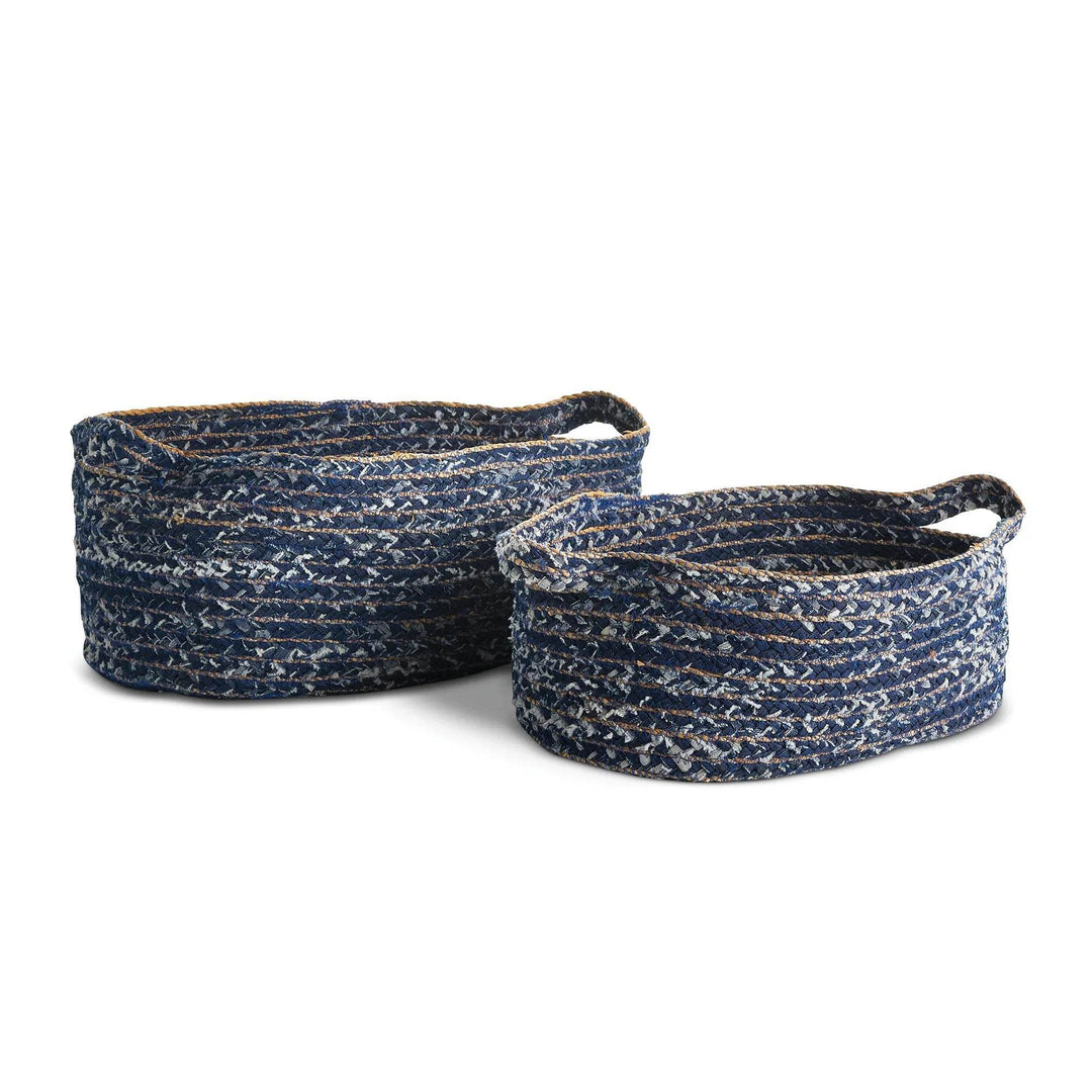 Set of 2 recycled denim oval storage baskets in deep blue with natural seagrass, versatile woven bins for home organization.

