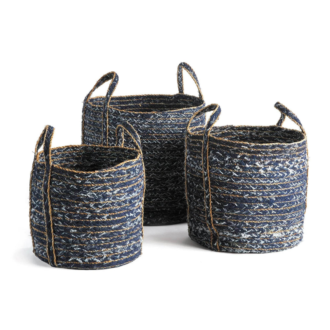 Set of 3 round recycled denim storage baskets with seagrass accents and looped handles