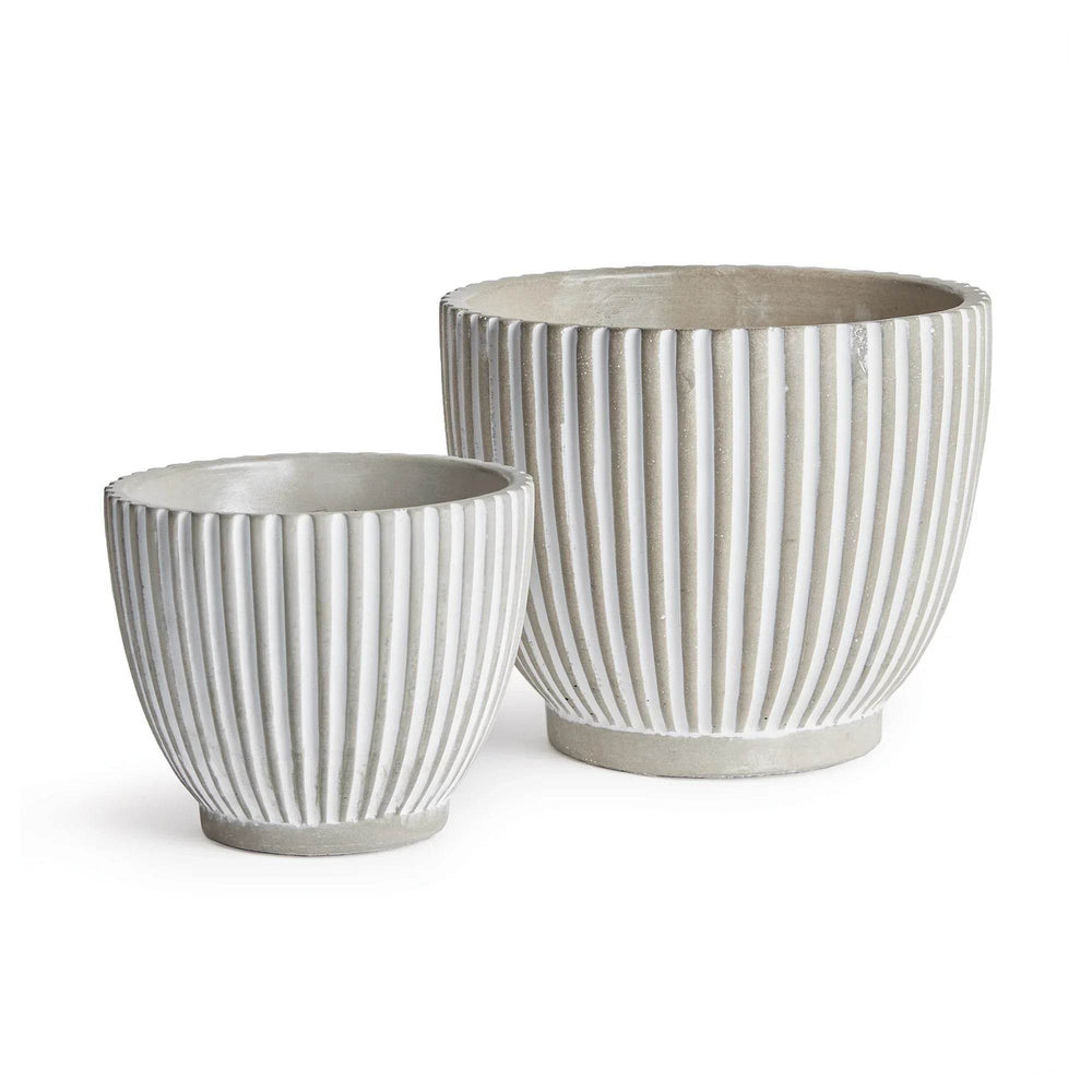 White ribbed concrete planter pots in two graduated sizes, round bowl shape with soft whitewash finish – Modern Organic.
