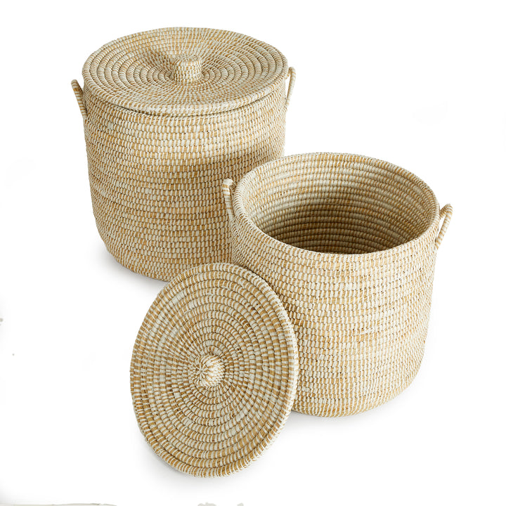 Set of two rivergrass storage baskets with one open basket and one fitted lid, showing graduated sizes – Coastal Organic.