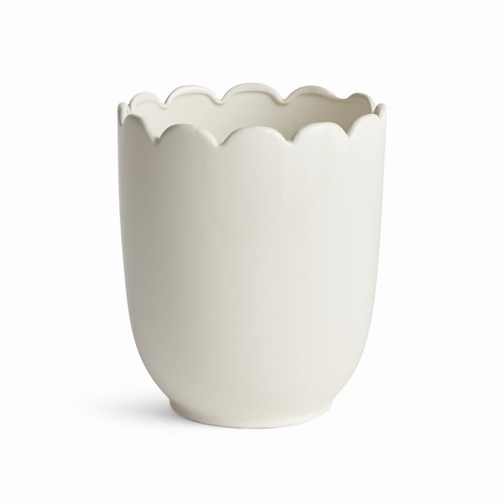 White clay cachepot with a scalloped rim and rounded body, shown unfilled against a plain white background | Traditional