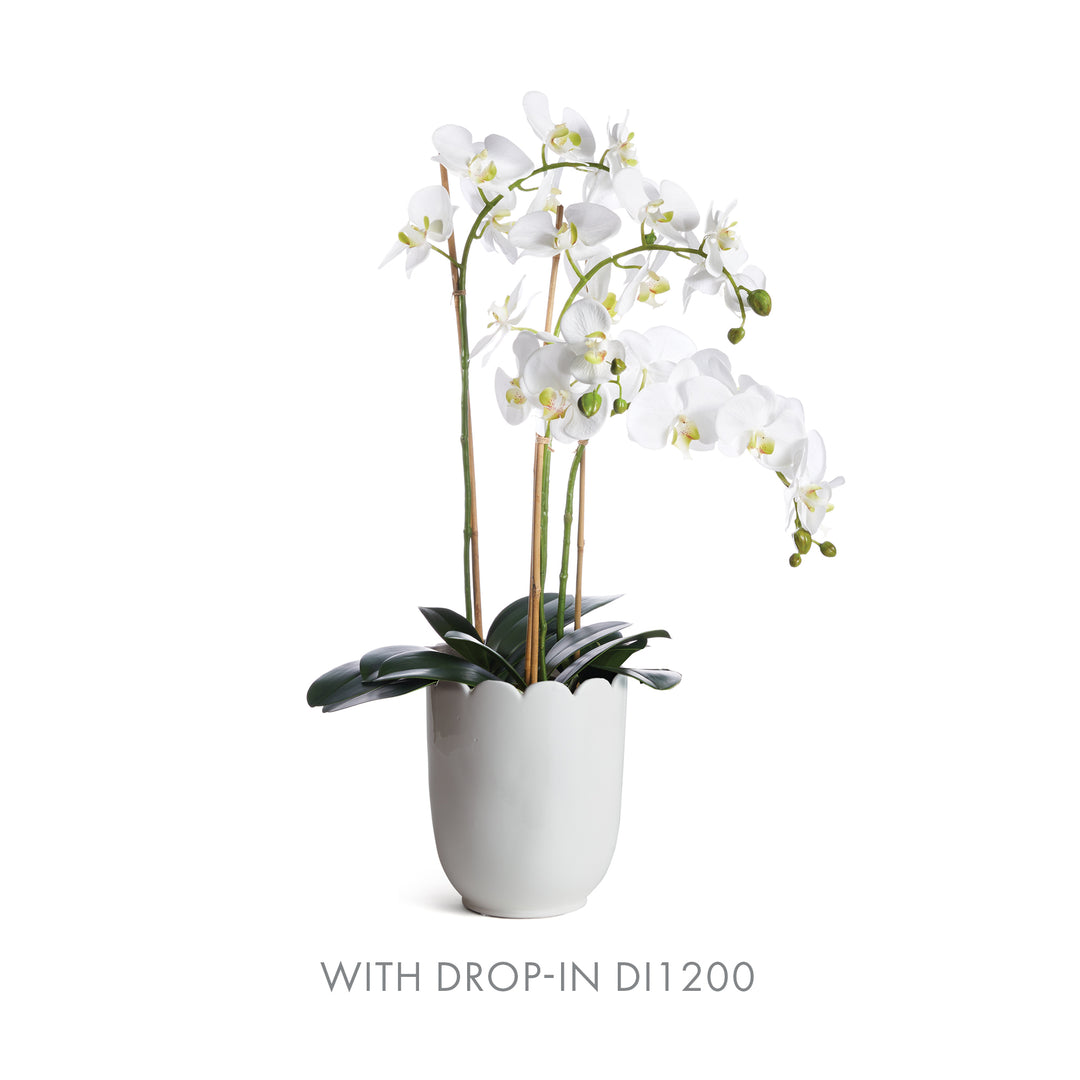 White scalloped clay cachepot holding a tall faux white orchid drop-in, shown with green leaves above the rim | Traditional