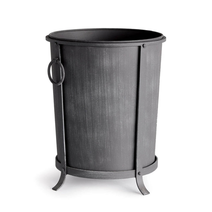 Medium iron planter with a tapered round body, aged zinc finish, ring handles and a raised frame. Industrial Transitional