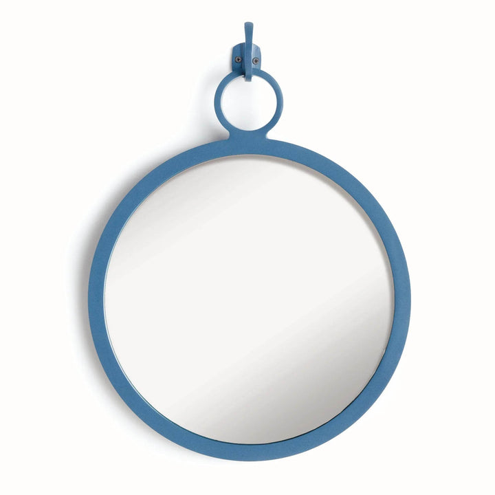 Clean front view of modern round wall mirror in soft matte blue—coastal-inspired and minimal in design