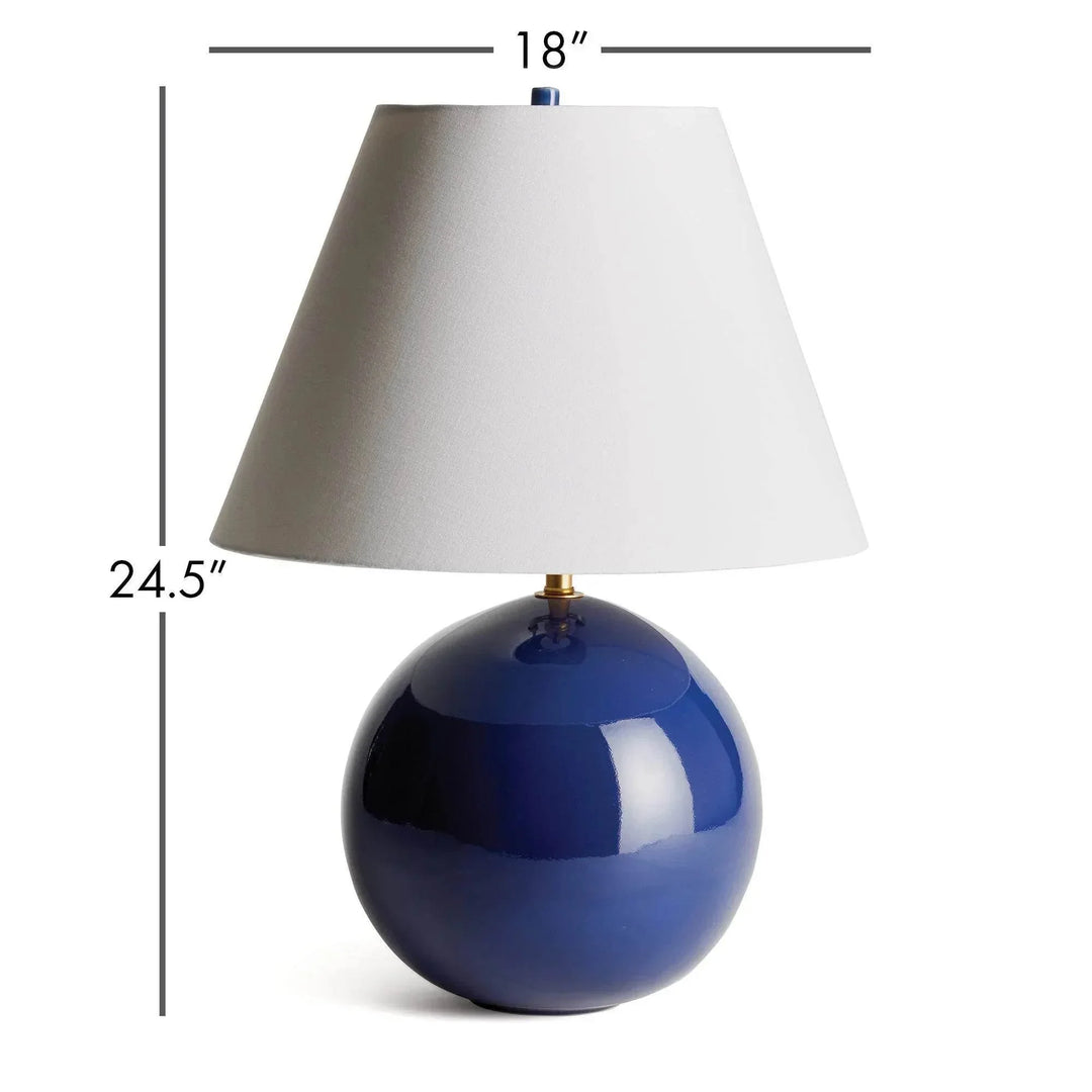 Blue glazed ceramic table lamp dimension image showing an 18-inch shade width and 24.5-inch overall height. Transitional