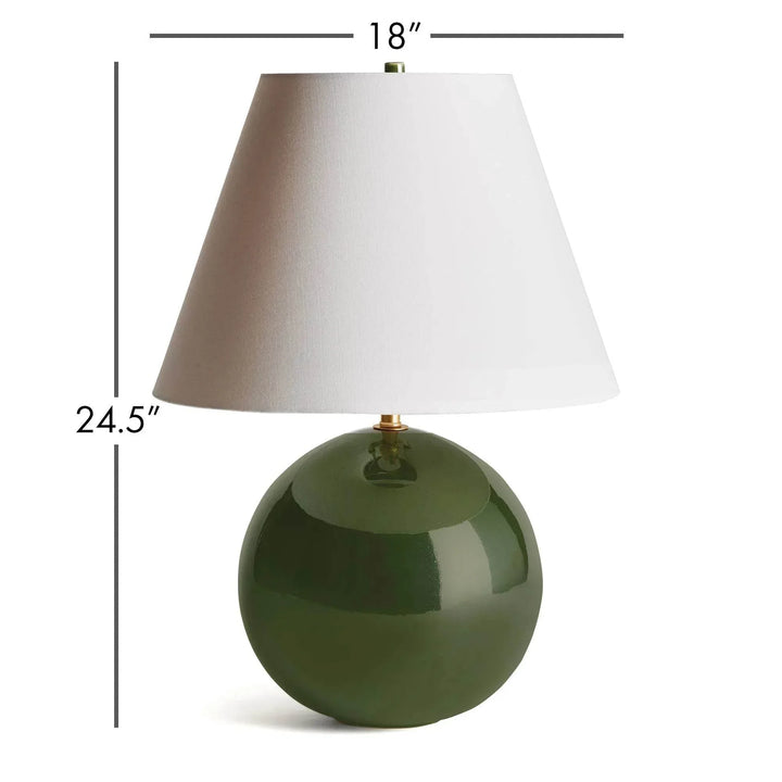 Green glazed ceramic table lamp dimension image showing an 18-inch shade width and 24.5-inch overall height. Transitional
