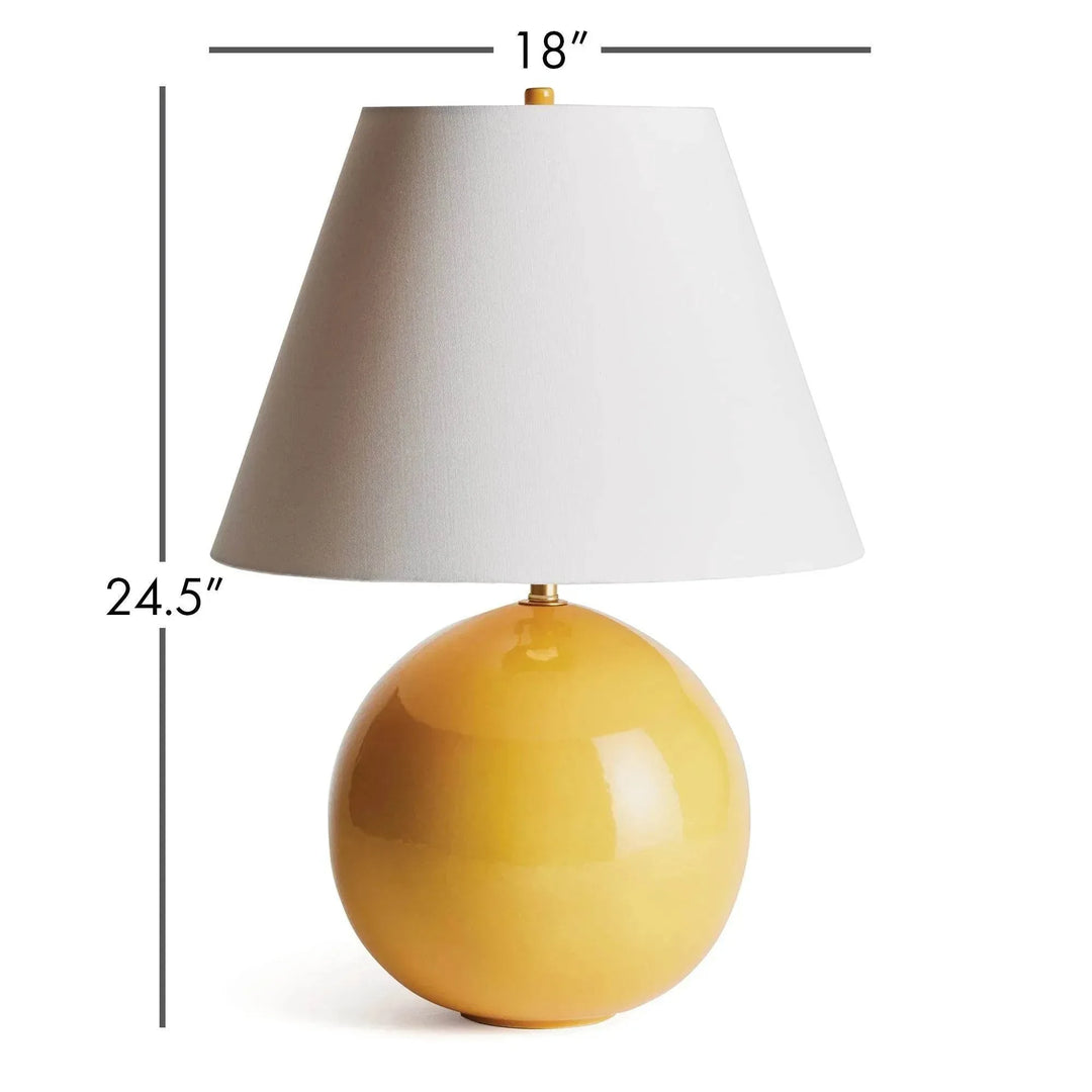 Marigold glazed ceramic table lamp dimension image showing an 18-inch shade width and 24.5-inch overall height. Transitional